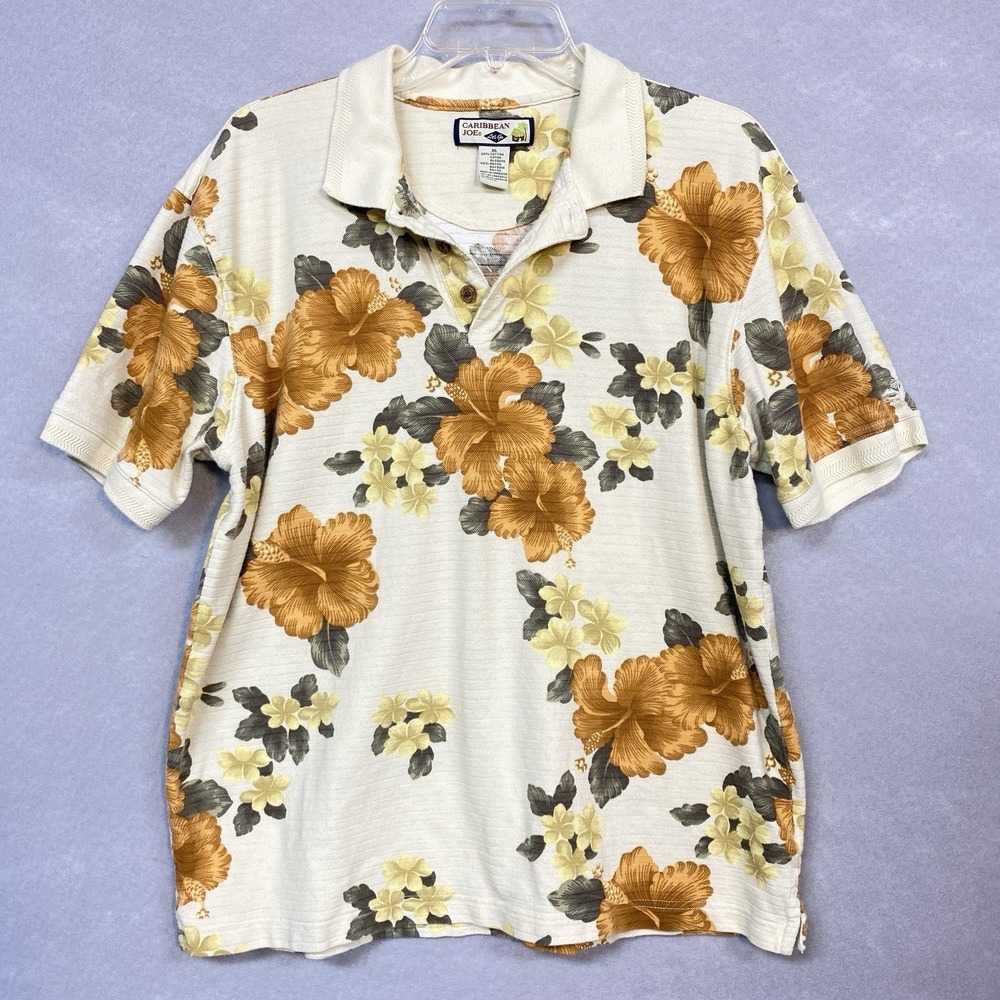 Caribbean Joe Men XL Polo Shirt Beige Tropical Floral Hawaiian Island Vintage
